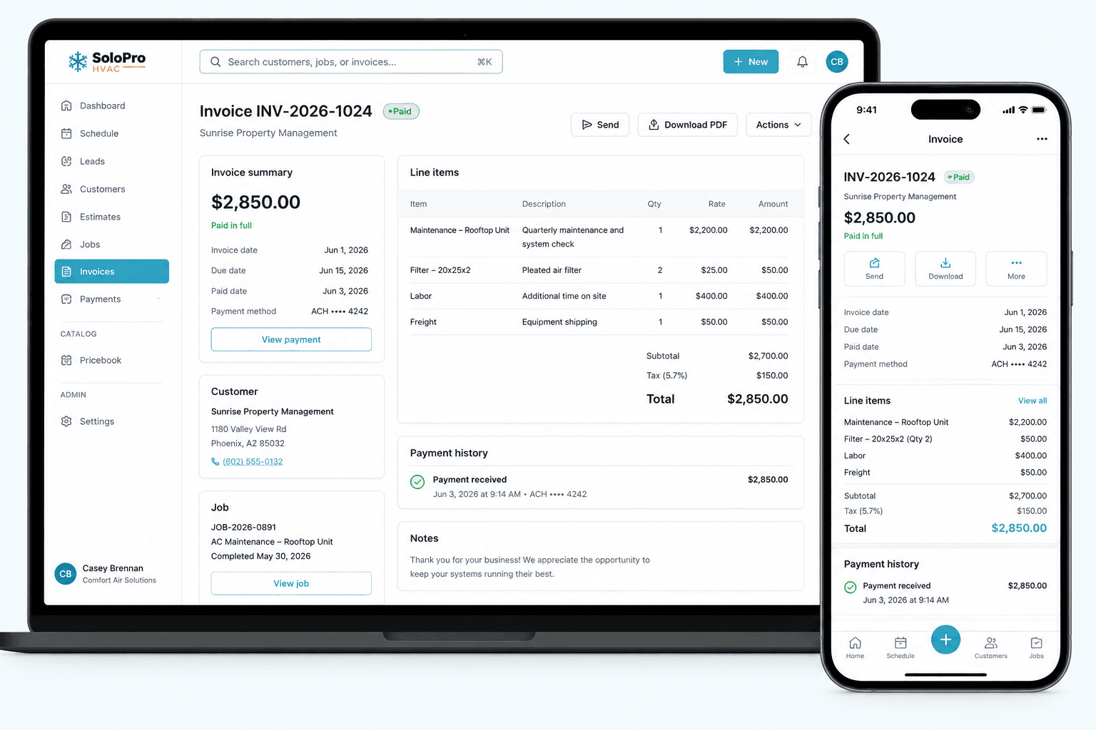 Invoicing and payment tracking in SoloPro on desktop and mobile