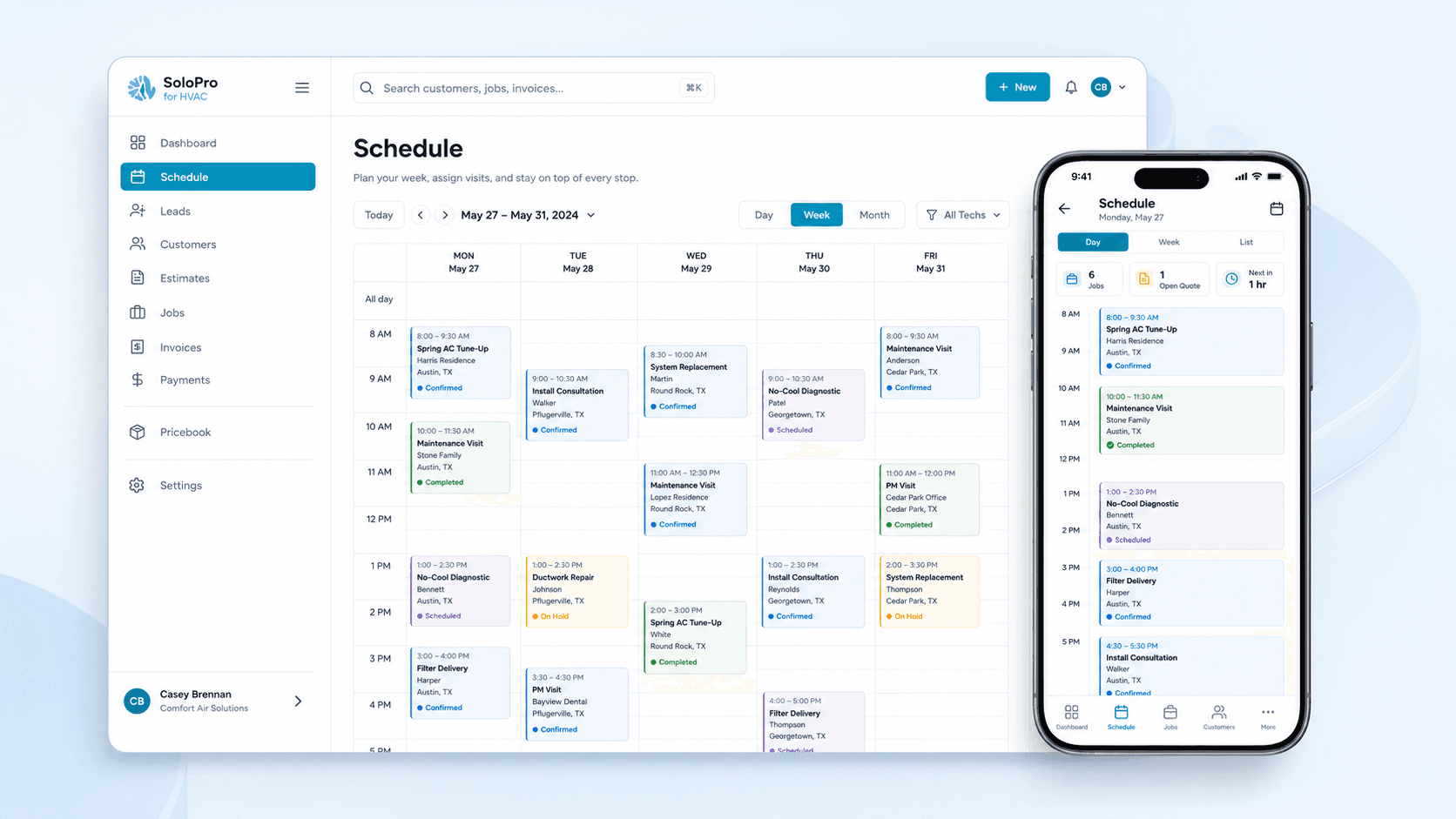 The SoloPro schedule calendar showing a week of HVAC jobs