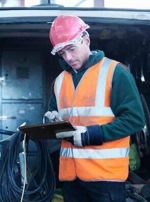 HVAC tech in the field using tablet